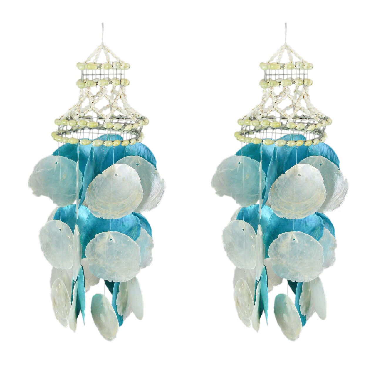 Set of 2 Coastal Blue and White Capiz and Cowrie Shell Wind Chimes Garden Patio